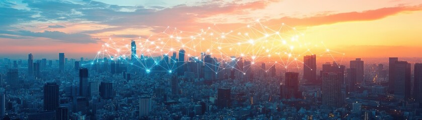 Cityscape with connected nodes, symbolizing the unification of assets and resources in an acquisition