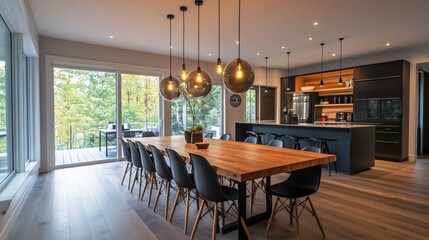 Spacious dining room with a long wooden table, chic pendant lighting, and modern chairs, copy space