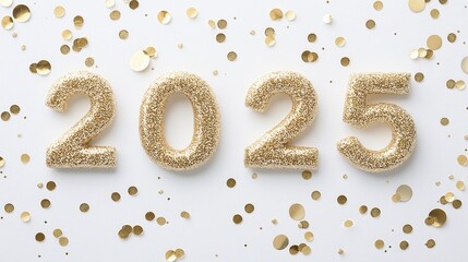 Golden glitter numbers '2025' on a white background with confetti, a celebratory design for the new year.