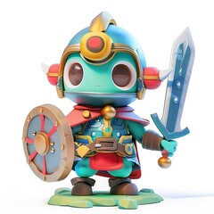 3D knight toy figure childish, cartoon style illustration isolated white background.