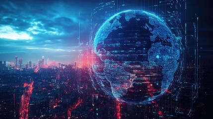 A futuristic city skyline with a digital globe in the foreground, symbolizing global connectivity and technological advancements.