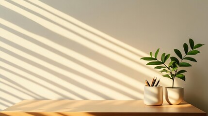 Home office setup, diffused sunlight, leaf shadows on desk, productive mood