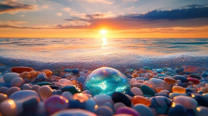 Obraz premium Glimmering Shore: A Crystal Sunset Beachscape