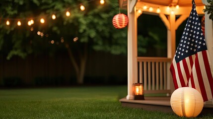 Cozy outdoor gazebo with string lights and American flag at twilight, summer vibes.