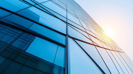 Modern glass building, diffused sunlight, sleek urban design
