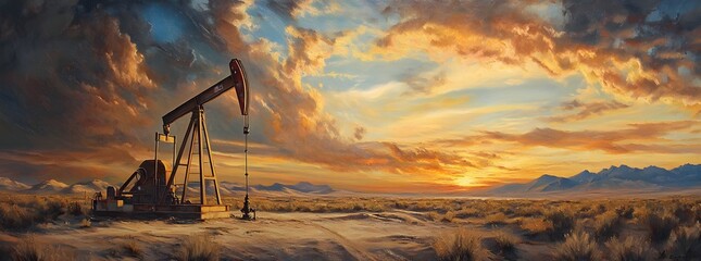 A lone oil pump stands in a vast desert landscape, silhouetted against a dramatic sunset.