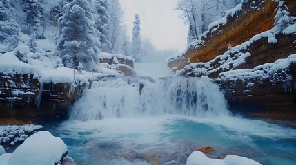 A frozen waterfall with a blue river flowing underneath