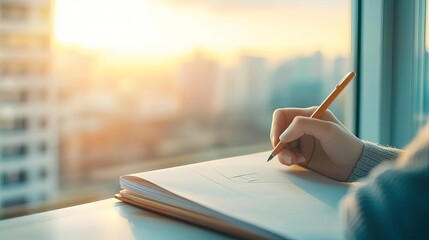 Naklejka premium Person sketching by window, sunlight softly lighting scene, artistic and focused, diffused natural light