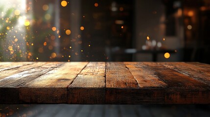Cozy rustic wooden table with warm atmospheric lighting in a cafe setting.