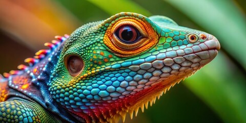 Fototapeta premium Close up of lizard with scales and vibrant colors , reptile, wildlife, close up, macro, animal, scale, detail, colorful