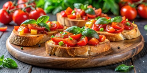 Fresh and delicious bruschetta with ripe tomato and fragrant basil , appetizer, Italian cuisine