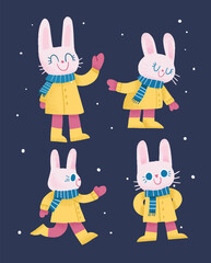 Winter Bunny Illustrations Set with Cozy Outfit and Snowy Background