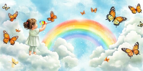 A child painting a rainbow surrounded by butterflies in a dreamy sky.