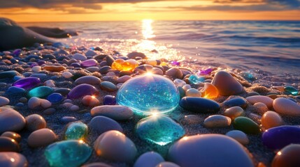 Obraz premium Glimmering Shore: A Crystal Sunset Beachscape