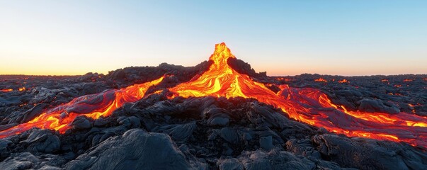 Fototapeta premium Vivid volcanic eruption with lava flow against a sunset sky, isolated background.