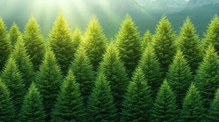 Fototapeta premium Sunlight streams through a dense forest of evergreen trees with a mountain range in the background.