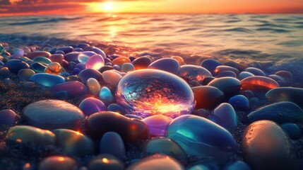 Obraz premium Glimmering Shore: A Crystal Sunset Beachscape