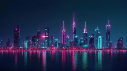 A futuristic cityscape illuminated by neon lights reflecting in the water at night.