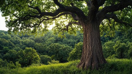 Fototapeta premium Majestic tree stands in lush green landscape under soft sunlight.