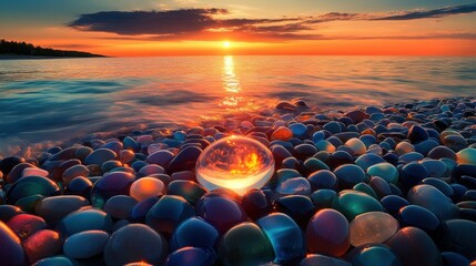 Fototapeta premium Glimmering Shore: A Crystal Sunset Beachscape
