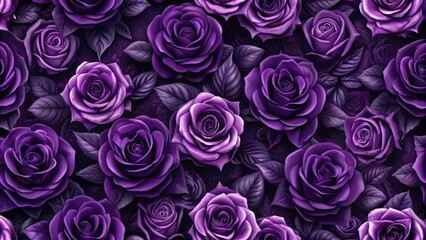 Fototapeta premium Horizontal seamless pattern of dark purple roses in modern gothic style, roses, dark purple, horizontal
