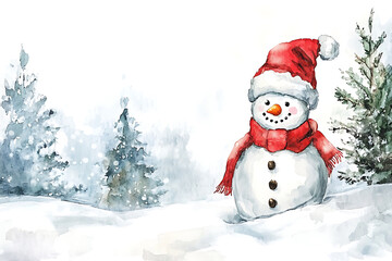 Obraz premium Watercolor christmas greeting card featuring a cute snowman wearing a santa hat and scarf in a snowy forest