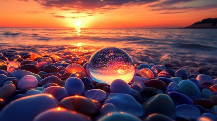 Fototapeta premium Glimmering Shore: A Crystal Sunset Beachscape