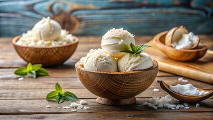 Obraz premium Deliciously creamy coconut ice cream with coconut flakes and whipped cream