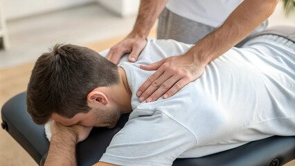 Osteopath working on a man's upper back in a Osteopathy chiropractic physio clinic