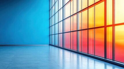 Modern interior with large windows and vibrant colored light.