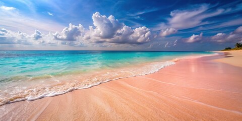 Gentle waves gently caress the pink sands of a tropical paradise beach , serene, tranquil, relaxation, vacation, paradise, coast