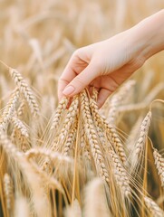 Hand is reaching into a field of wheat. The wheat is tall and golden, and the hand is reaching for a single stalk. The scene is peaceful and serene, with the wheat swaying gently in the breeze