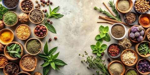Various herbal leaves and seeds on neutral background, herbal, leaves, seeds, organic, natural, plant