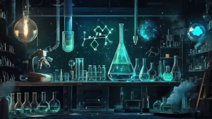 Fototapeta premium A magical science laboratory with glowing beakers, flasks, and other equipment.
