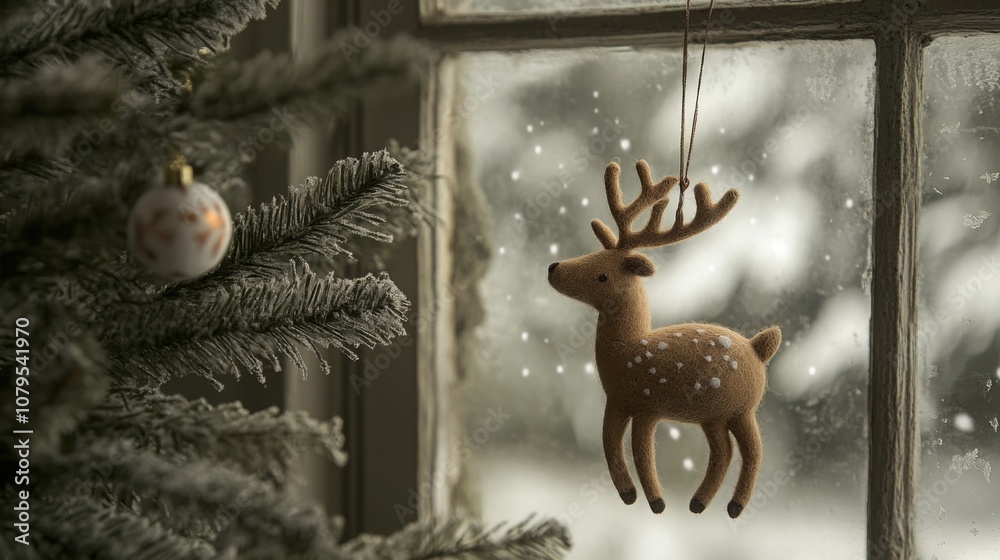 Poster a reindeer ornament dangles from a tree branch beside a frosted window, creating a cozy winter atmos