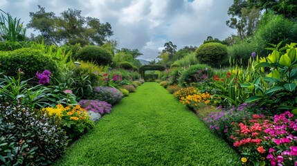 A long, grassy path is lined with colorful flowers and bushes