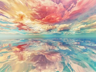Colorful sky with clouds and a blue ocean. The sky is filled with a rainbow of colors, creating a vibrant and lively atmosphere. The ocean reflects the sky's colors