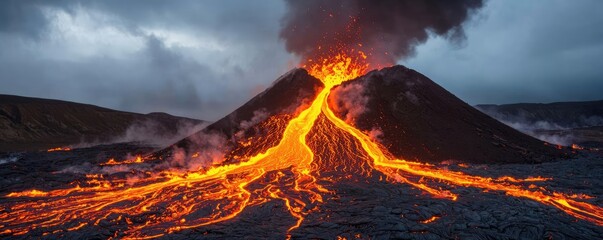 Lava erupting from a volcano with smoke in the background, dramatic landscape.