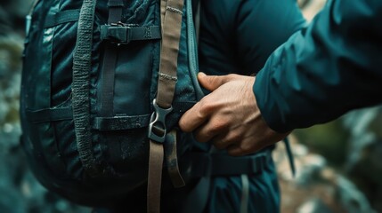 Closeup of a Hand Adjusting a Backpack Strap While Hiking in the Woods