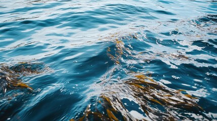 The water is calm and clear, with some green plants floating on the surface. The image has a serene and peaceful mood, as the water appears to be undisturbed and still