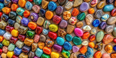 Colorful vibrant stones arranged on a wall creating a visually striking display, stones, vibrant, colorful, wall