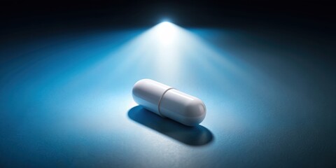 Lonely pill in the spotlight, medicine, medication, isolated, white, pharmaceutical, health, cure
