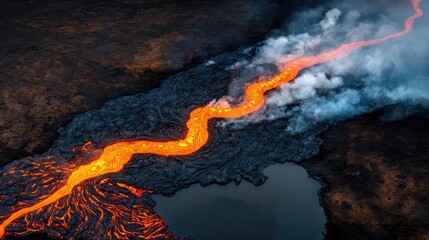 Lava flowing through volcanic landscape, dramatic aerial view, smoke rising.