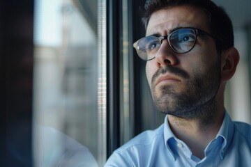 Fototapeta premium Man with glasses is looking out the window with a sad expression on his face. He seems to be lost in thought or contemplating something