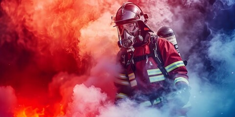 Firefighter in protective gear surrounded by dramatic, colorful smoke during operation, emergency response concept