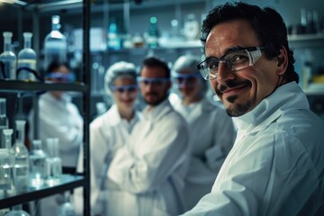 Fototapeta premium Man in a lab coat is smiling and posing for a photo with his colleagues. Concept of camaraderie and teamwork among the scientists