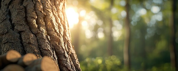 Obraz premium Tree trunk with sunlight filtering through green forest, nature close-up