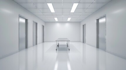 Industrial cleanroom interior with metal table, sterile white environment, reflective surfaces, laboratory setting concept