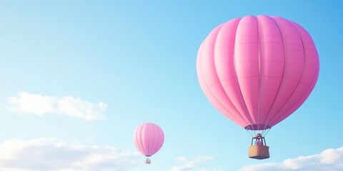 Obraz premium Two pink hot air balloons are flying in the sky. The balloons are filled with air and are floating high above the ground. The sky is clear and blue, with no clouds in sight. The scene is peaceful