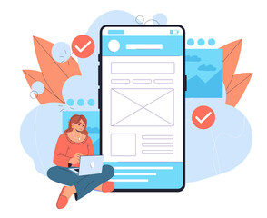 Phone interface development. Woman with laptop sits near huge smartphone. Graphic designer and front end developer. Freelancer and remote employee develops ui and ux elements. Flat vector illustration